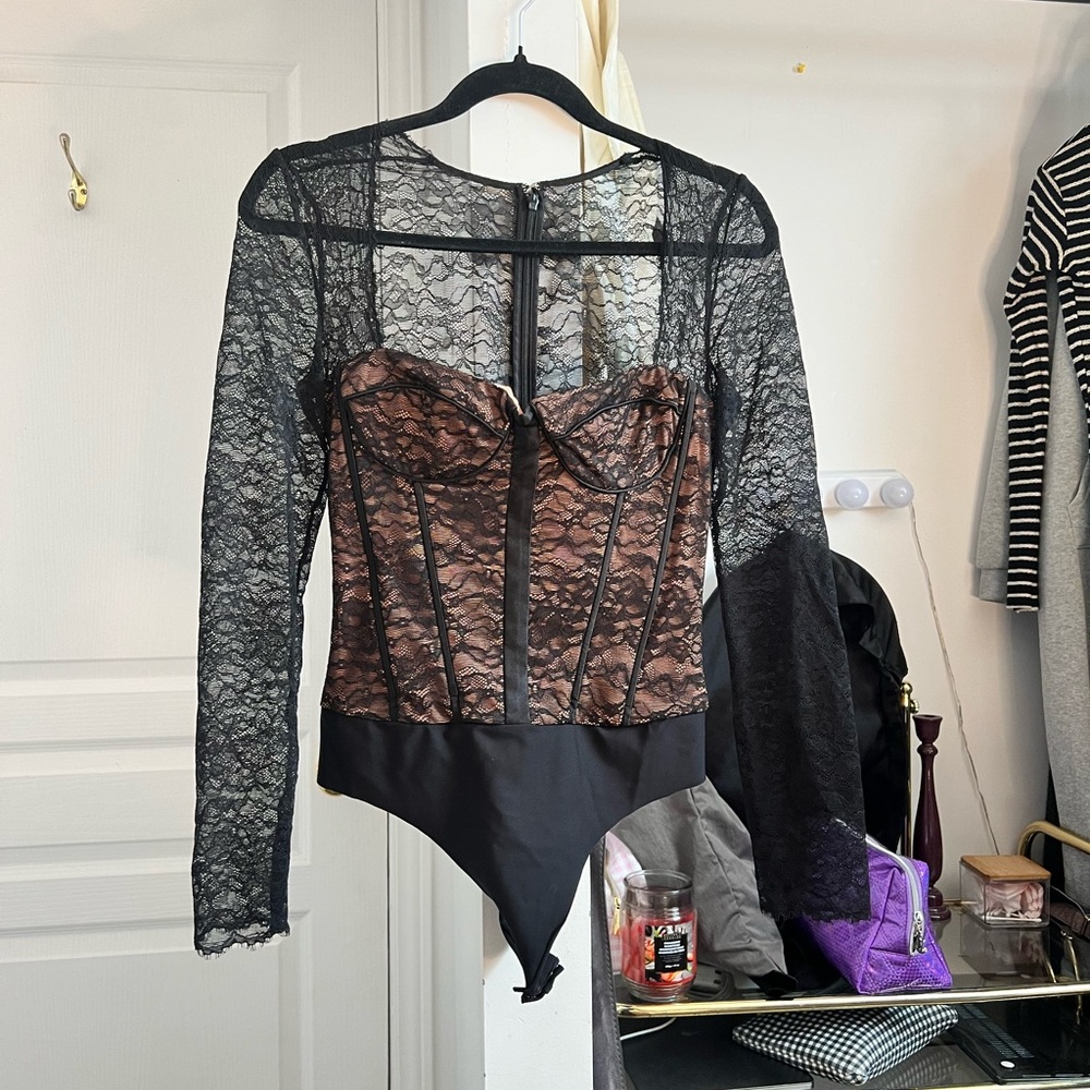 Cami NYC Black Lace Long-Sleeve Bodysuit with Brown Underlay